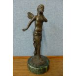 A small bronze figure of a fairy, on marble socle