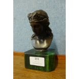 A small female bronze bust on marble base