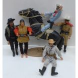 Five original Lone Rangers figures by Louis Marx with jointed poseable horse and stand, guns and