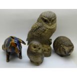 Two Poole pottery owls, the largest signed, a Poole hedgehog and a pig money bank