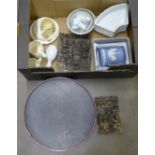 A lazy Susan with dishes, two bowls, a vase, a Wedgwood Jasperware tankard, three resin plaques