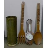 A brass stick stand, a carved oak barometer and a Welsh fork and spoon **PLEASE NOTE THIS LOT IS NOT