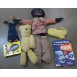 Two 1950's games, The Wilfred Pickles Radio Party Game and Halma and a collection of soft toys