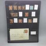 Stamps; GB 1d red imperforates on stock card, interesting study of shades and varieties