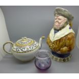 A Ridways tea pot, a purple glass vase, signed and a Toby jug