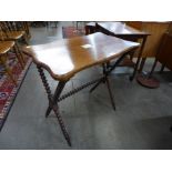 A Victorian greenheart wood bobbin turned x-frame stretcher table, the top inset with white metal