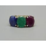 A silver gilt, ruby, sapphire and emerald ring, with certificate, Q