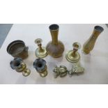 A collection of brass including vases, candlesticks, small boxes in the form of a frog and a fly,