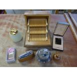 Six lighters including Rowenta, Colibri and Ronson and a musical cigarette box