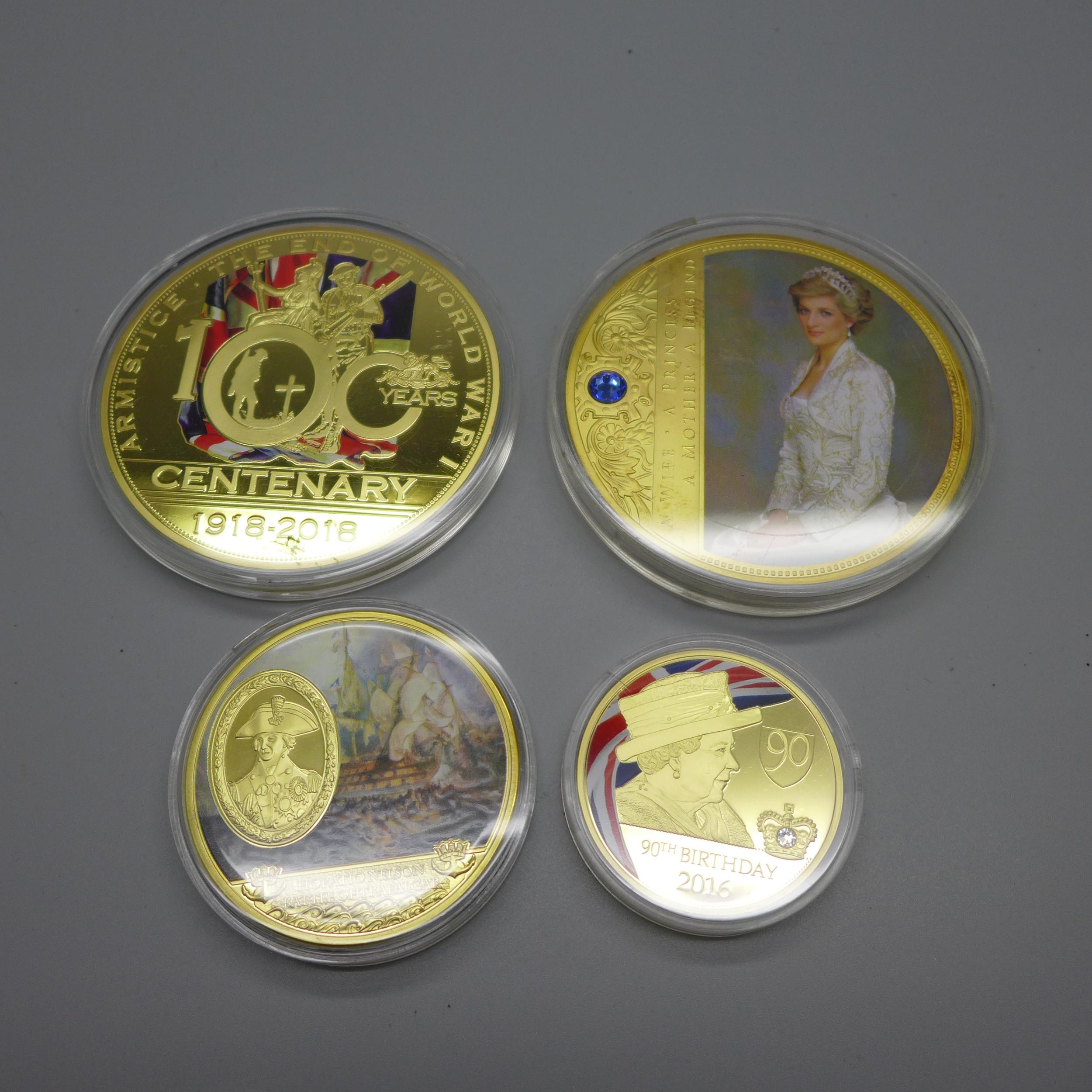 Four gold plated medallions;- portraits of Princess Diana, 7cm diameter, a WWI Centenary 1914- - Bild 2 aus 8