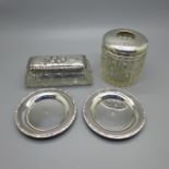 Two silver topped glass jars and two .800 silver dishes, silver 92g