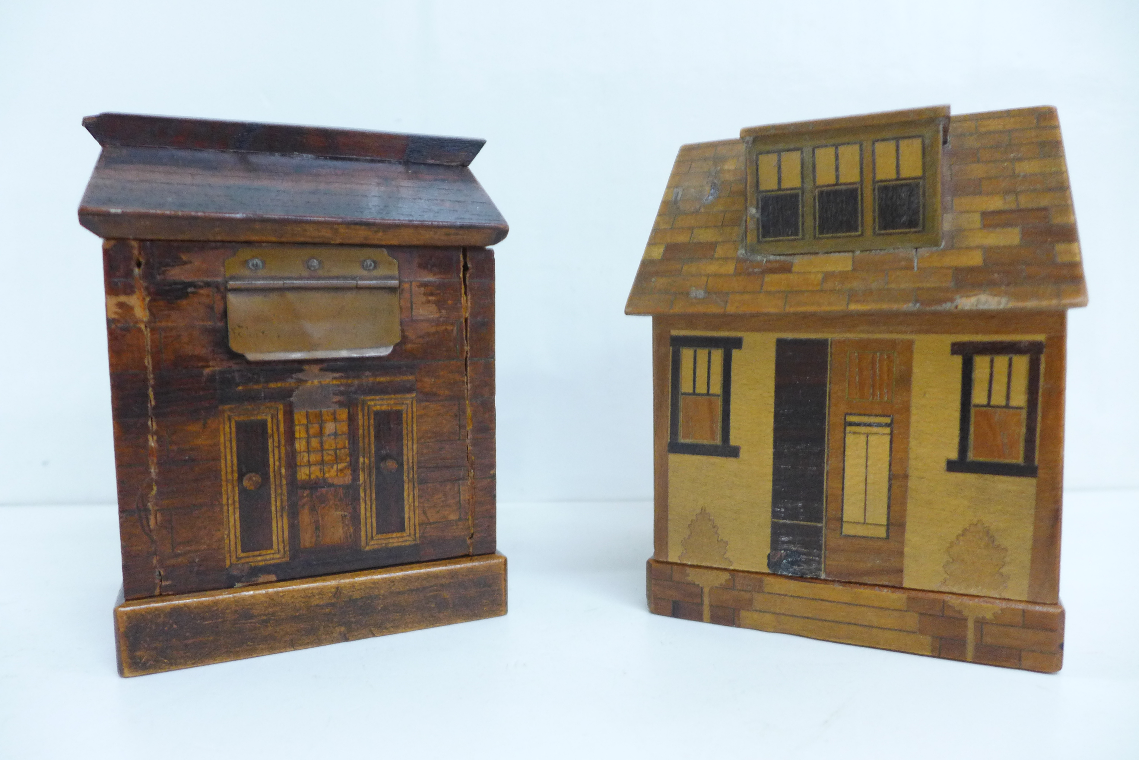 Two early 20th Century novelty marquetry money boxes