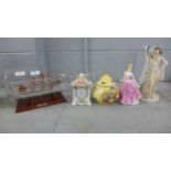 A Royal Albert clock, an Aynsley lidded vase, a figure/vase and a ship in a bottle on stand **PLEASE
