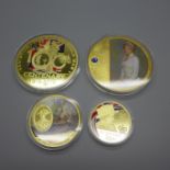 Four gold plated medallions;- portraits of Princess Diana, 7cm diameter, a WWI Centenary 1914-