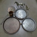 Metalwares including a brass model of a horse, a tray and a tankard, etc. **PLEASE NOTE THIS LOT