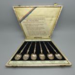 A cased set of six silver anointing spoons, 1937, Six British Hall Marks of the Coronation Year, 75g