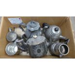 A collection of pewter and silver plated items including teapots and tankards **PLEASE NOTE THIS LOT