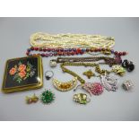 Assorted jewellery including a seed pearl necklace and a cigarette case