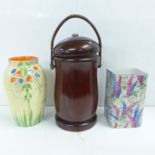 A square Grimwades vase, an Art Deco vase and a 'Cadbury' cocoa container