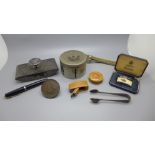 A Mauchlin ware stamp box, a novelty miniature woodworking plane, a cigar cutter, a Penny Bank, a