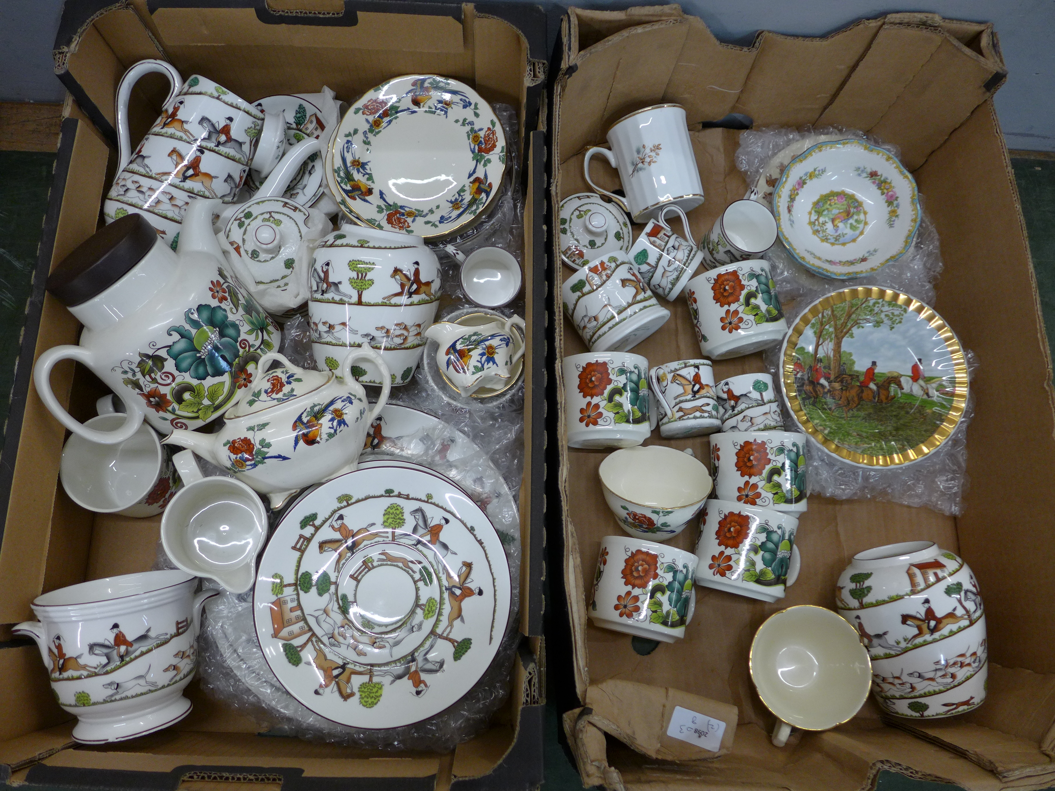 A collection of Staffordshire Hunting Scene tea and coffee ware and other china