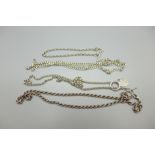 Three silver neck chains and a bracelet, 45g