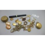 A collection of gold tone jewellery, etc., and a fountain pen