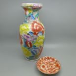 A floral Chinese vase, a/f, and a Chinese dish
