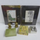 Three prints, three decorative trinket boxes and a pair of metal salt and pepper shakers