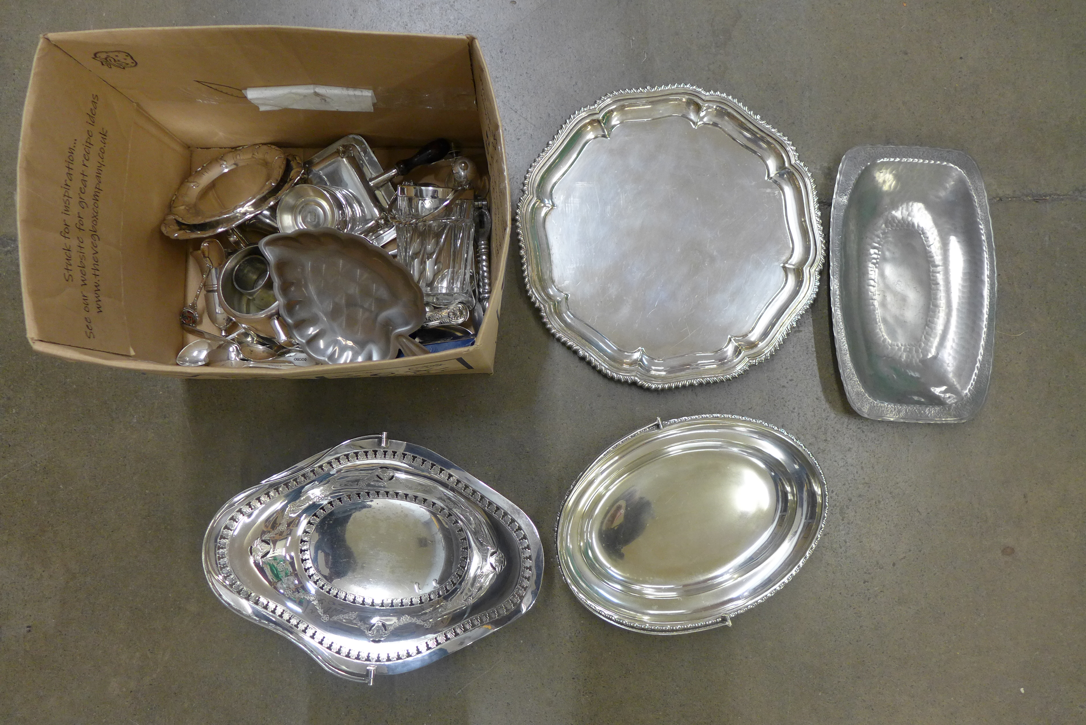 A collection of plated ware, etc., flatware and a hammered pewter dish by Tinn, Norway **PLEASE NOTE