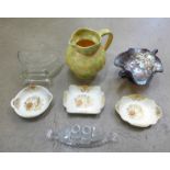 A carnival glass bowl, Noritake ware, glassware and a Tudor jug