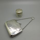 A silver purse on a chain, a/f and a silver topped dressing table pot