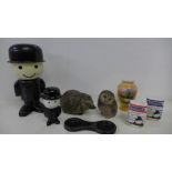 A Poole hedgehog and owl, Homepride salt and pepper, figure and anniversary flour shaker and a