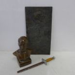 A brass reproduction bust of Hitler, a reproduction German plaque and a reproduction German letter