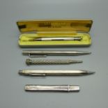 Three silver pencils including Yard-O-Led and Lady Yard-O-Lette, a plated pencil and a silver pencil