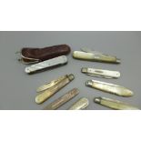 Eight silver and mother of pearl penknives, four a/f, one with silver blade and handle, one with