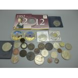 Coins including three £5 coins, commemoratives, etc.