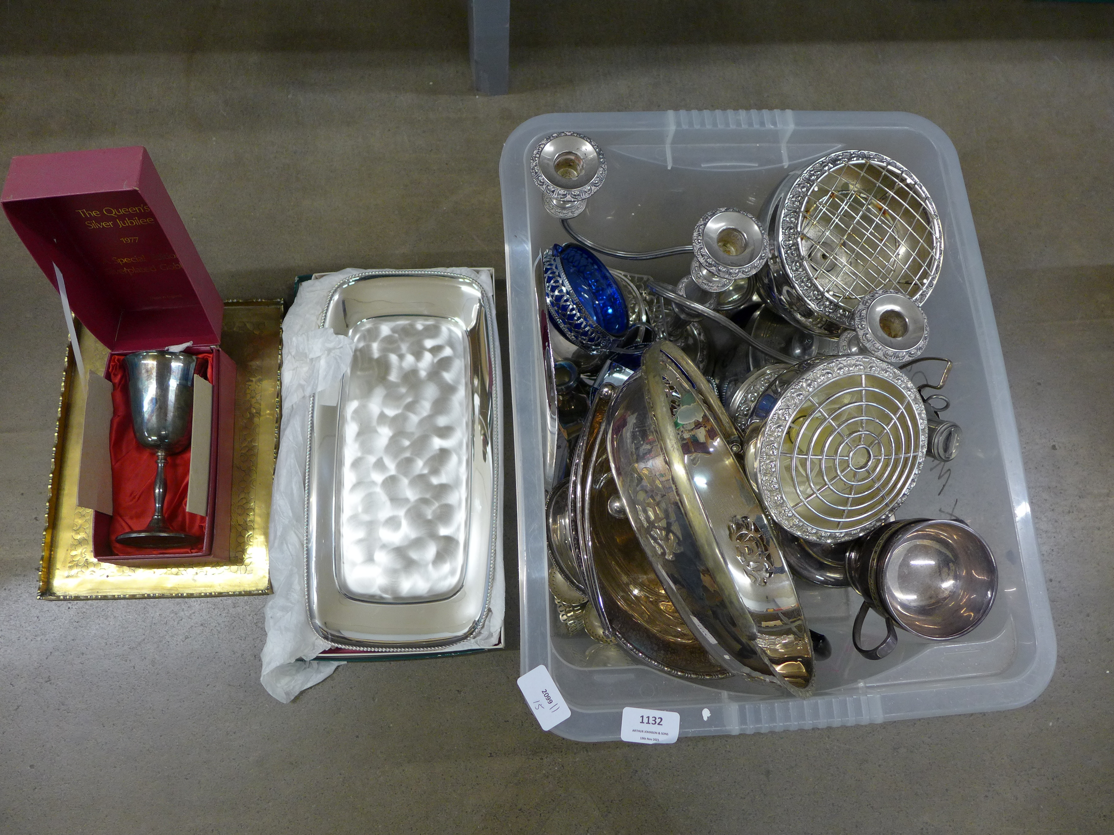 A WMF Ikora tray, boxed and a box of silver plate, brass and other metalwares **PLEASE NOTE THIS LOT