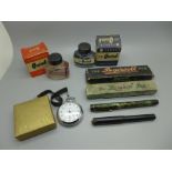 An Ingersol stop-watch, an Ingersol No.10S fountain pen with 14ct gold nib, a The Burnham pen with