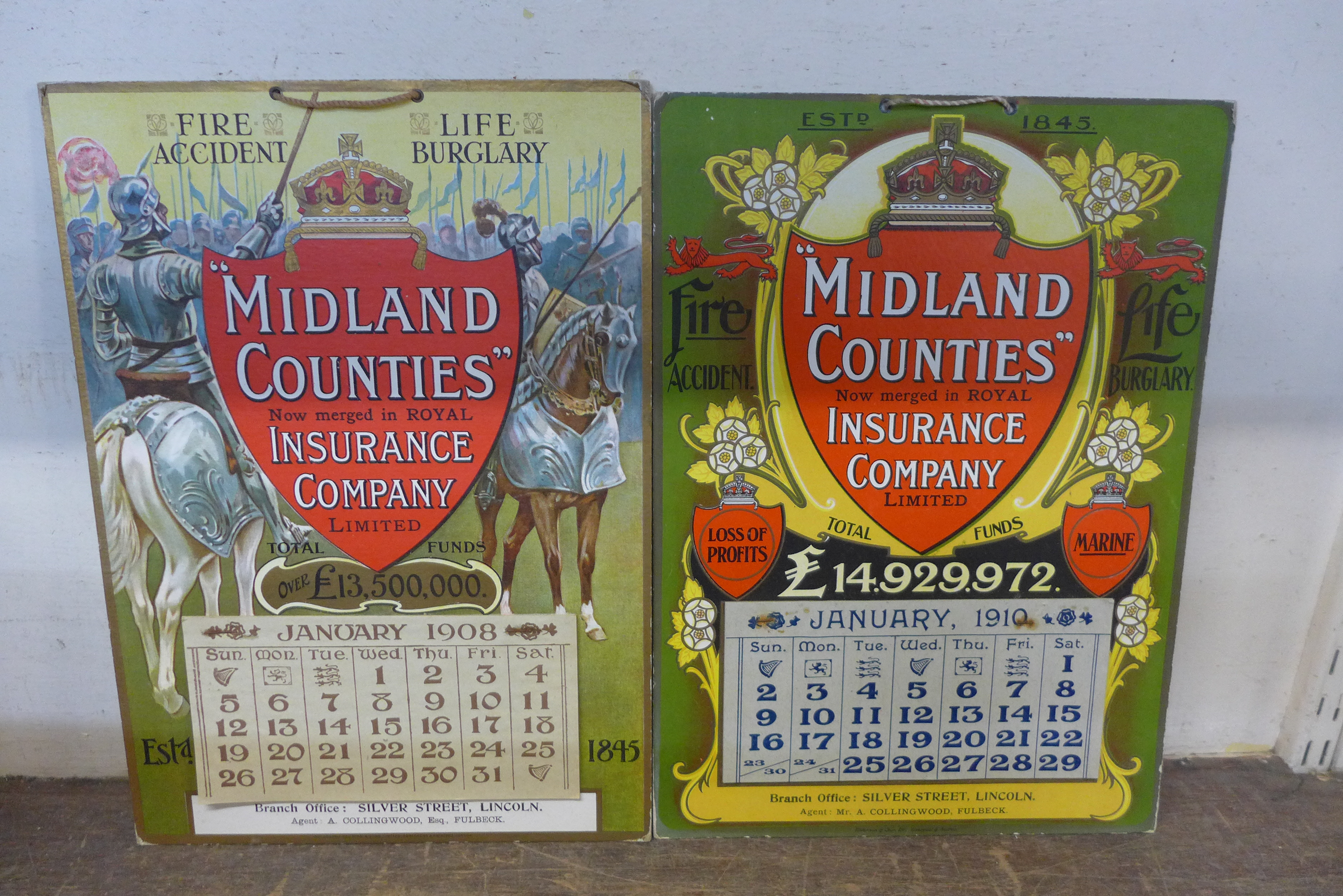 Two Midland Counties Insurance Company Limited card advertising calendars, 1908 and 1910