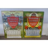 Two Midland Counties Insurance Company Limited card advertising calendars, 1908 and 1910