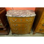 A French Louis XV style inlaid mahogany, gilt metal mounted and marble topped commode