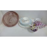 A Davidson cloud glass plate, a Royal Albert Rose Buds cup, saucer and tea plates and another