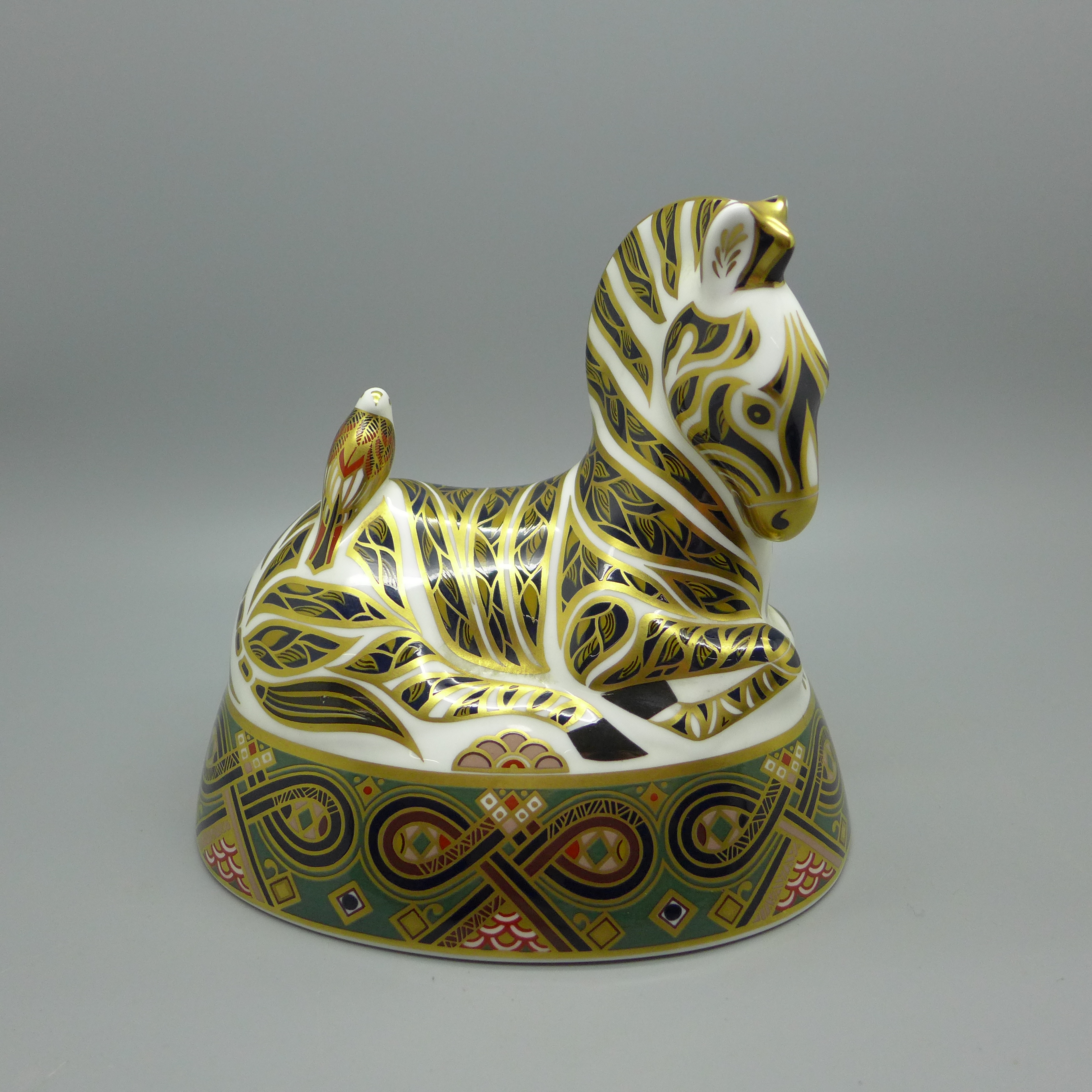 A Royal Crown Derby Zebra paperweight with gold stopper and original box