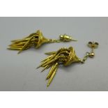 A pair of yellow metal tassel earrings, one butterfly marked 9ct, 7.3g