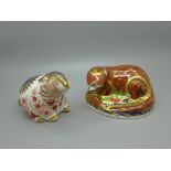 Two Royal Crown Derby paperweights - Otter, a gold signature edition commissioned by The Guild of