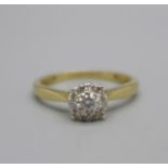 A 9ct gold and diamond cluster ring, 1.9g, P