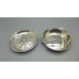 A silver pin dish with embossed Yorkshire rose, 59g, and a white metal apple dish marked 830, 34g
