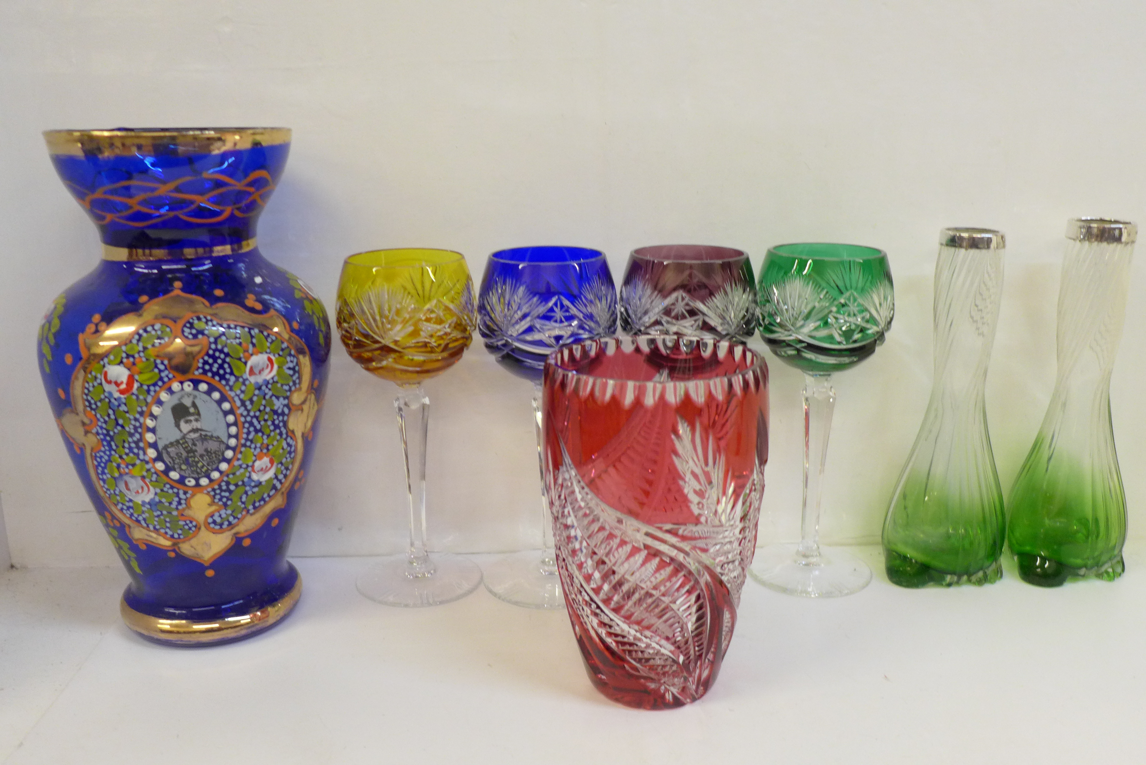 Assorted glass including a pair of silver topped vases and four coloured hock glasses