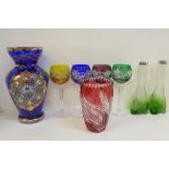 Assorted glass including a pair of silver topped vases and four coloured hock glasses